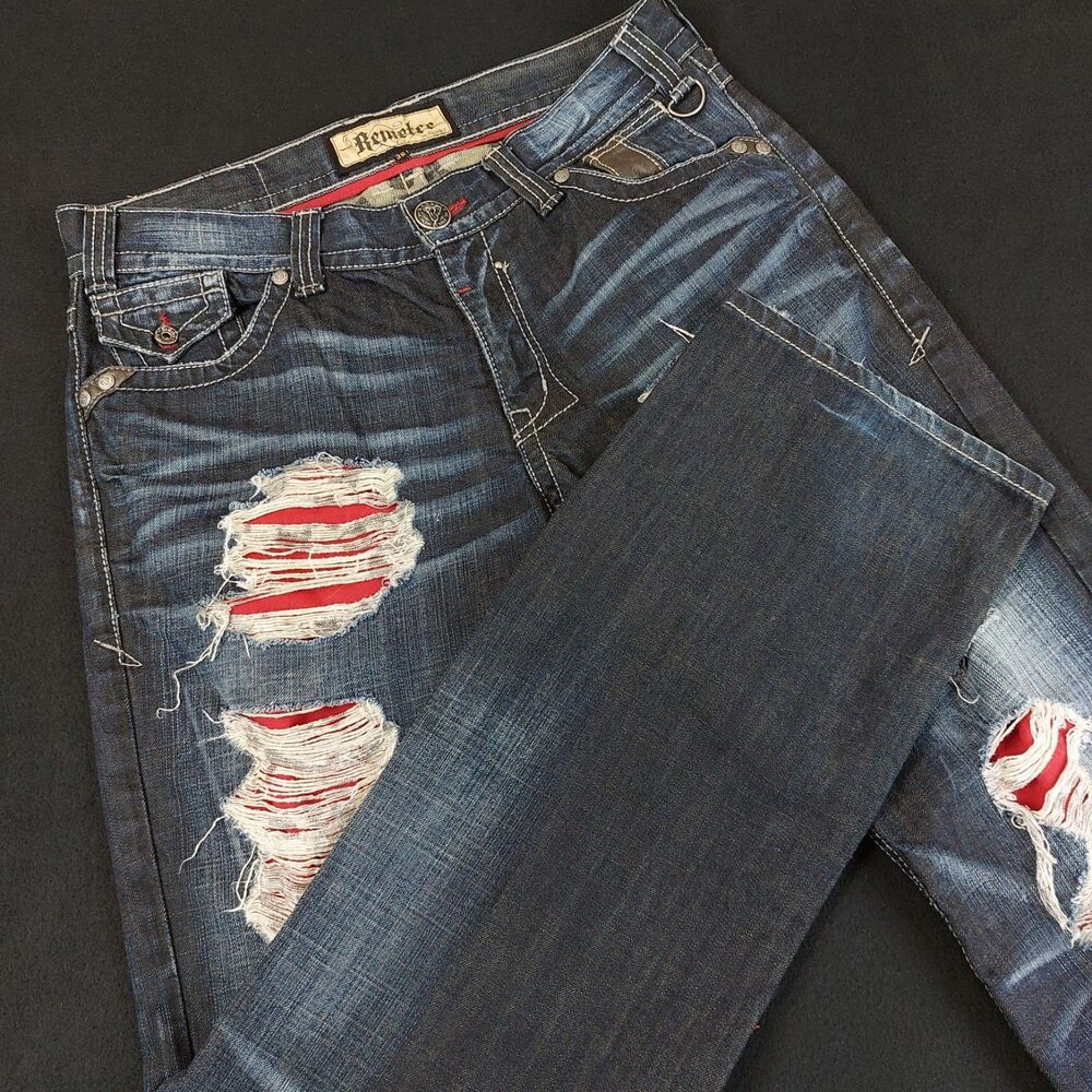 Remetee Rebellion Destructed Slim Straight Jeans Men's 36 (Fit 37x34) Blue USA